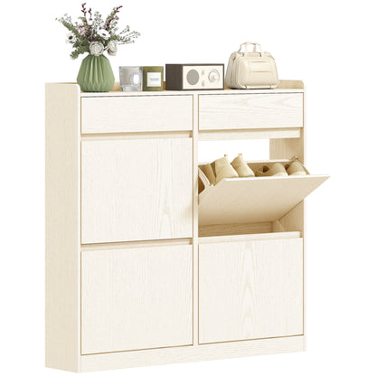 Narrow Shoe Cabinet with 4 Flip Doors Entryway Shoe Storage Cabinet with 2 Drawers for 8 Pairs of Shoes for Hallway Small Spaces 98x19.2x95.3 cm White