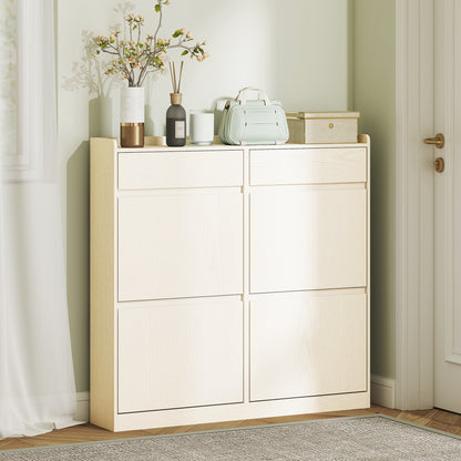 Narrow Shoe Cabinet with 4 Flip Doors Entryway Shoe Storage Cabinet with 2 Drawers for 8 Pairs of Shoes for Hallway Small Spaces 98x19.2x95.3 cm White