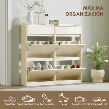 Narrow Shoe Cabinet with 4 Flip Doors Entryway Shoe Storage Cabinet with 2 Drawers for 8 Pairs of Shoes for Hallway Small Spaces 98x19.2x95.3 cm White