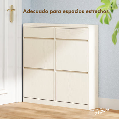 Narrow Shoe Cabinet with 4 Flip Doors Entryway Shoe Storage Cabinet with 2 Drawers for 8 Pairs of Shoes for Hallway Small Spaces 98x19.2x95.3 cm White
