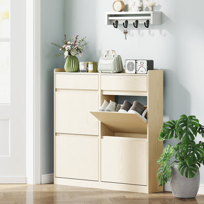 Narrow Shoe Cabinet with 4 Flip Doors Entryway Shoe Storage Cabinet with 2 Drawers for 8 Pairs of Shoes for Hallway Small Spaces 98x19.2x95.3 cm White