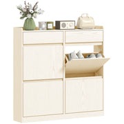 Narrow Shoe Cabinet with 4 Flip Doors Entryway Shoe Storage Cabinet with 2 Drawers for 8 Pairs of Shoes for Hallway Small Spaces 98x19.2x95.3 cm White