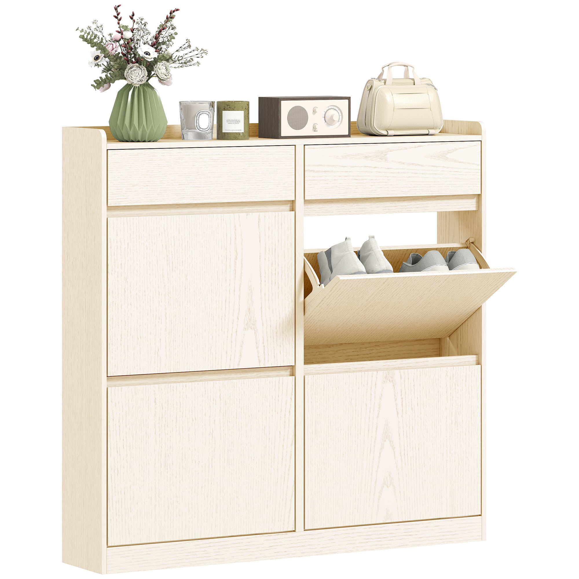 Narrow Shoe Cabinet with 4 Flip Doors Entryway Shoe Storage Cabinet with 2 Drawers for 8 Pairs of Shoes for Hallway Small Spaces 98x19.2x95.3 cm White