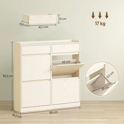 Narrow Shoe Cabinet with 4 Flip Doors Entryway Shoe Storage Cabinet with 2 Drawers for 8 Pairs of Shoes for Hallway Small Spaces 98x19.2x95.3 cm White