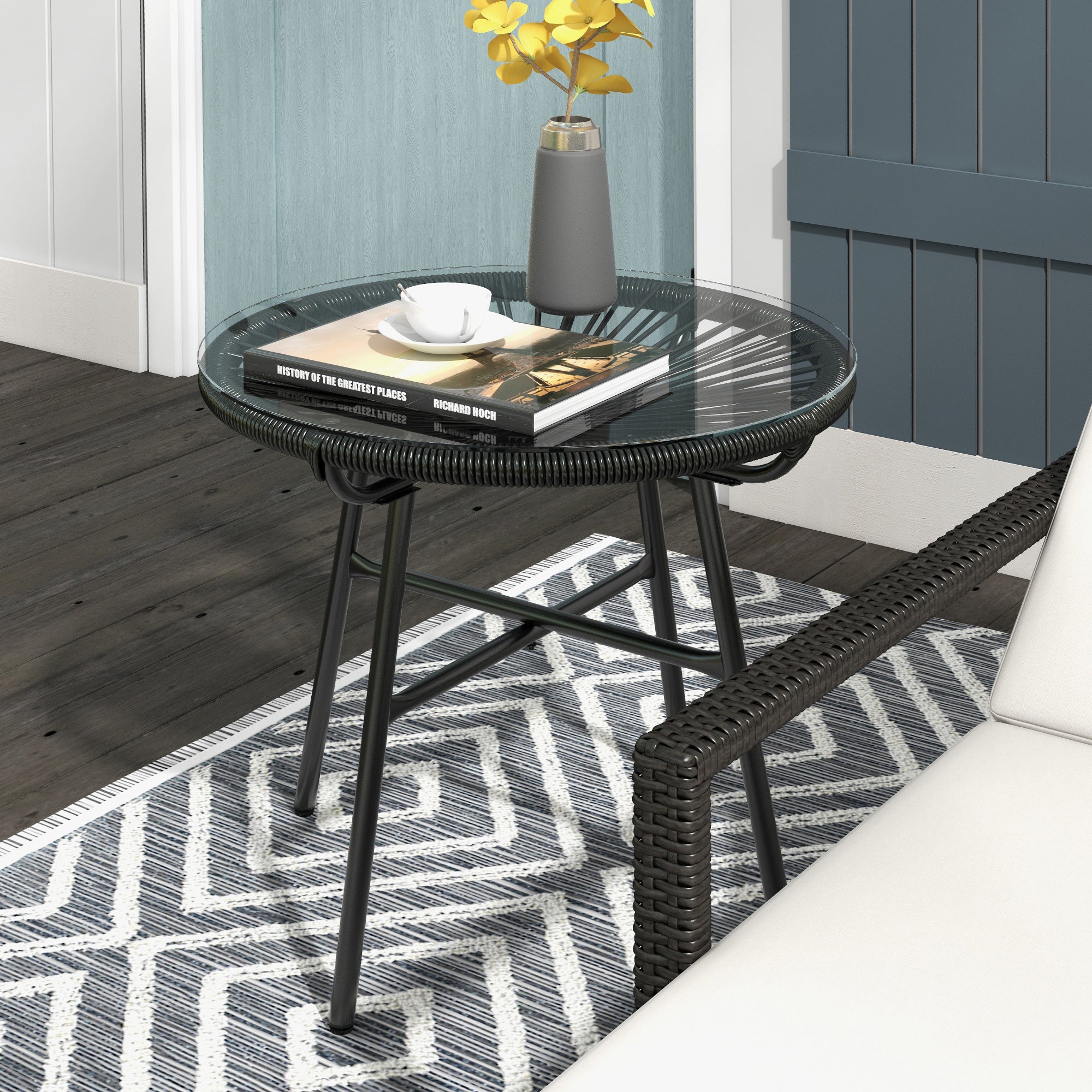 Rattan Side Table, Bistro Table, Coffee Table with Glass Tabletop, Round Garden Table, for Patio, Balcony, Black, 50 x 50 x 50 cm