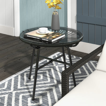 Rattan Side Table, Bistro Table, Coffee Table with Glass Tabletop, Round Garden Table, for Patio, Balcony, Black, 50 x 50 x 50 cm