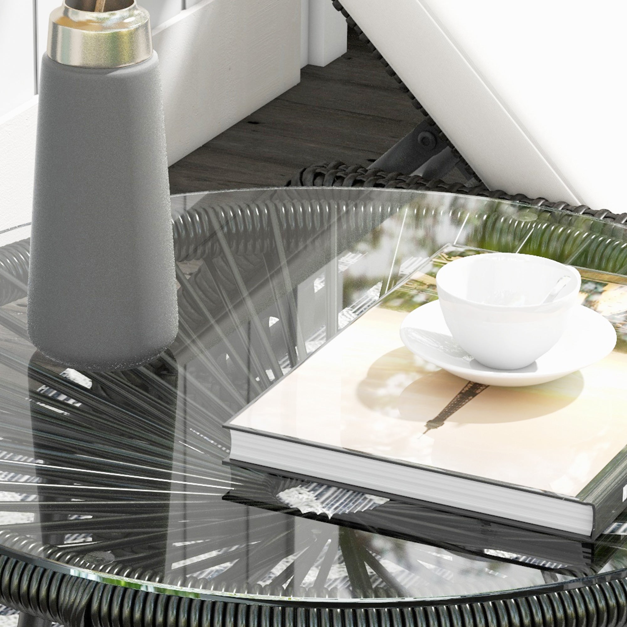 Rattan Side Table, Bistro Table, Coffee Table with Glass Tabletop, Round Garden Table, for Patio, Balcony, Black, 50 x 50 x 50 cm