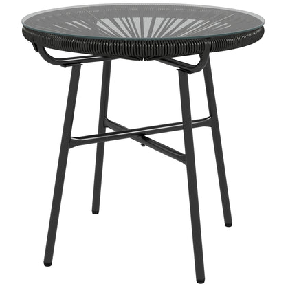 Rattan Side Table, Bistro Table, Coffee Table with Glass Tabletop, Round Garden Table, for Patio, Balcony, Black, 50 x 50 x 50 cm