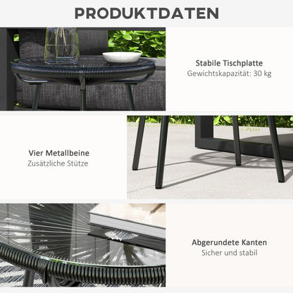Rattan Side Table, Bistro Table, Coffee Table with Glass Tabletop, Round Garden Table, for Patio, Balcony, Black, 50 x 50 x 50 cm