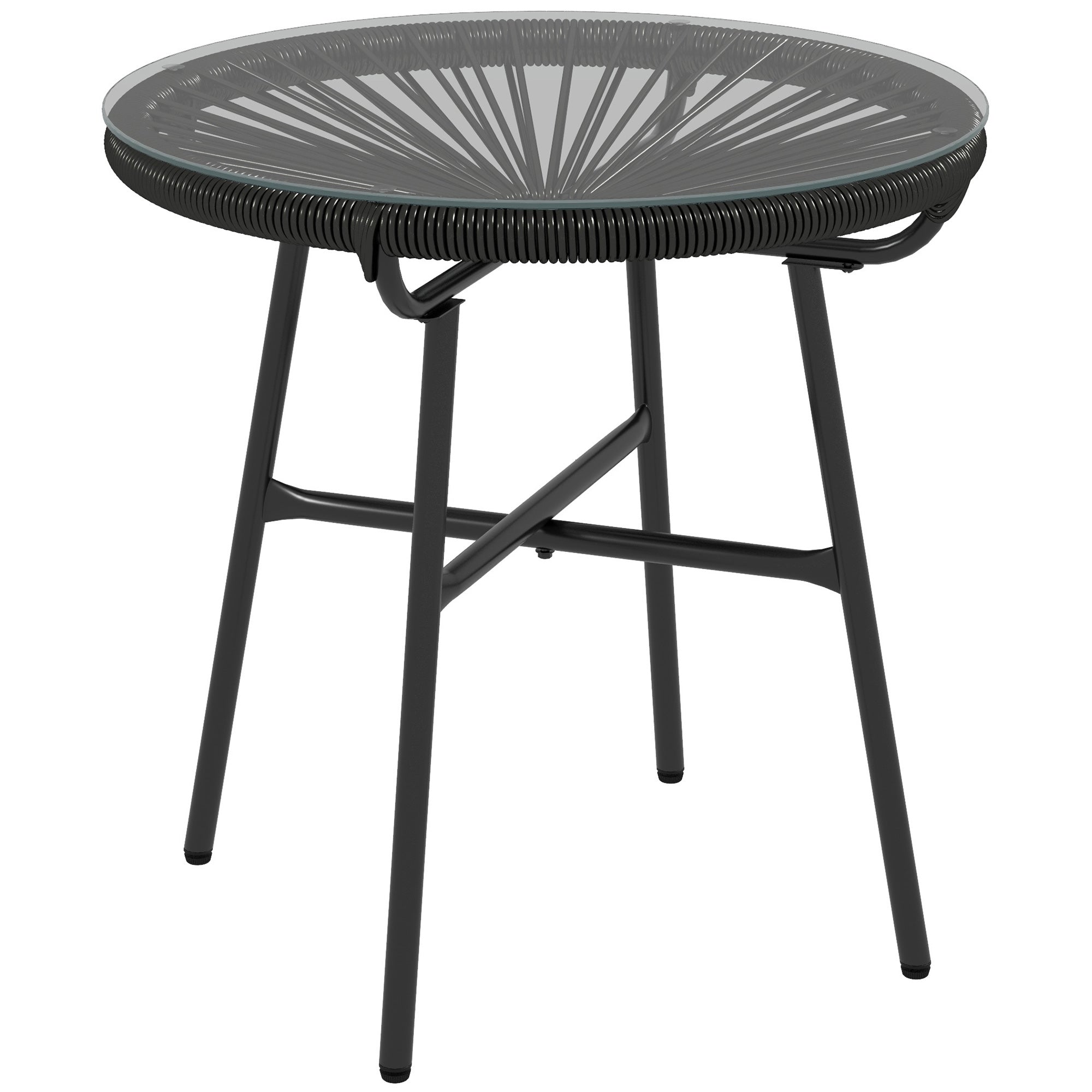 Rattan Side Table, Bistro Table, Coffee Table with Glass Tabletop, Round Garden Table, for Patio, Balcony, Black, 50 x 50 x 50 cm