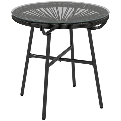 Rattan Side Table, Bistro Table, Coffee Table with Glass Tabletop, Round Garden Table, for Patio, Balcony, Black, 50 x 50 x 50 cm