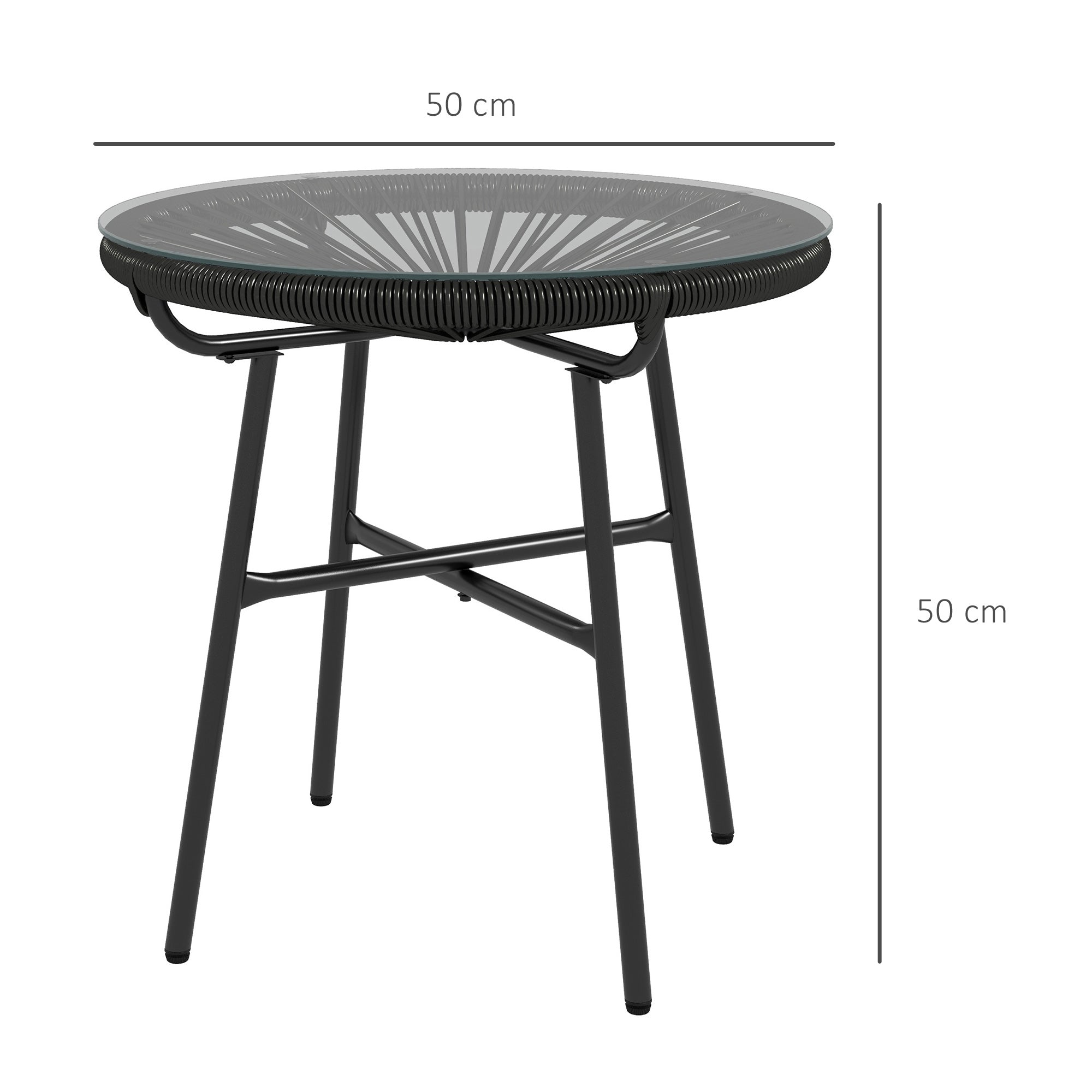 Rattan Side Table, Bistro Table, Coffee Table with Glass Tabletop, Round Garden Table, for Patio, Balcony, Black, 50 x 50 x 50 cm