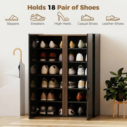 Shoe Cabinet with Soft-Close Safety Doors, 6-Tier Storage for up to 18 Pairs, Handleless Design, High-Gloss Black