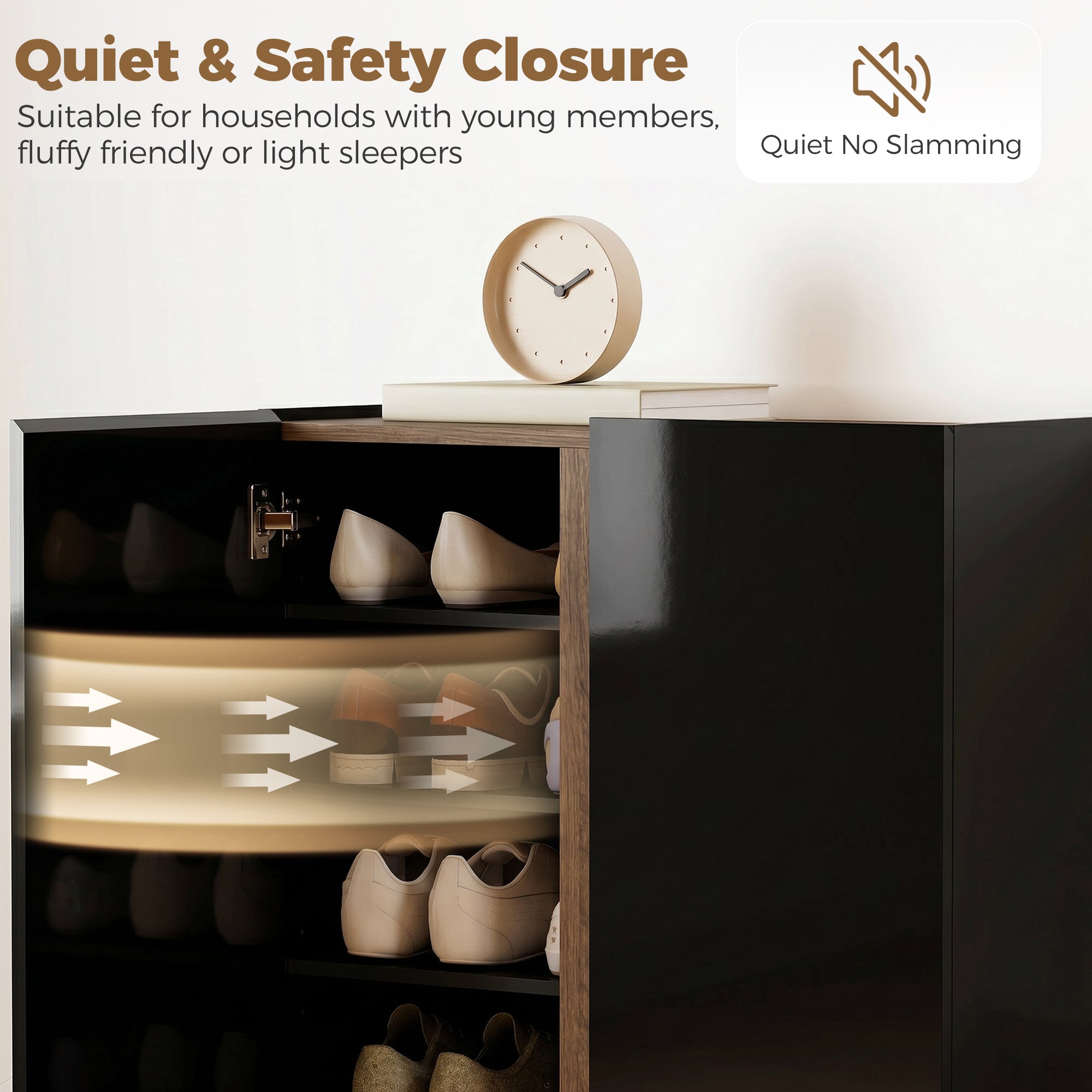 Shoe Cabinet with Soft-Close Safety Doors, 6-Tier Storage for up to 18 Pairs, Handleless Design, High-Gloss Black