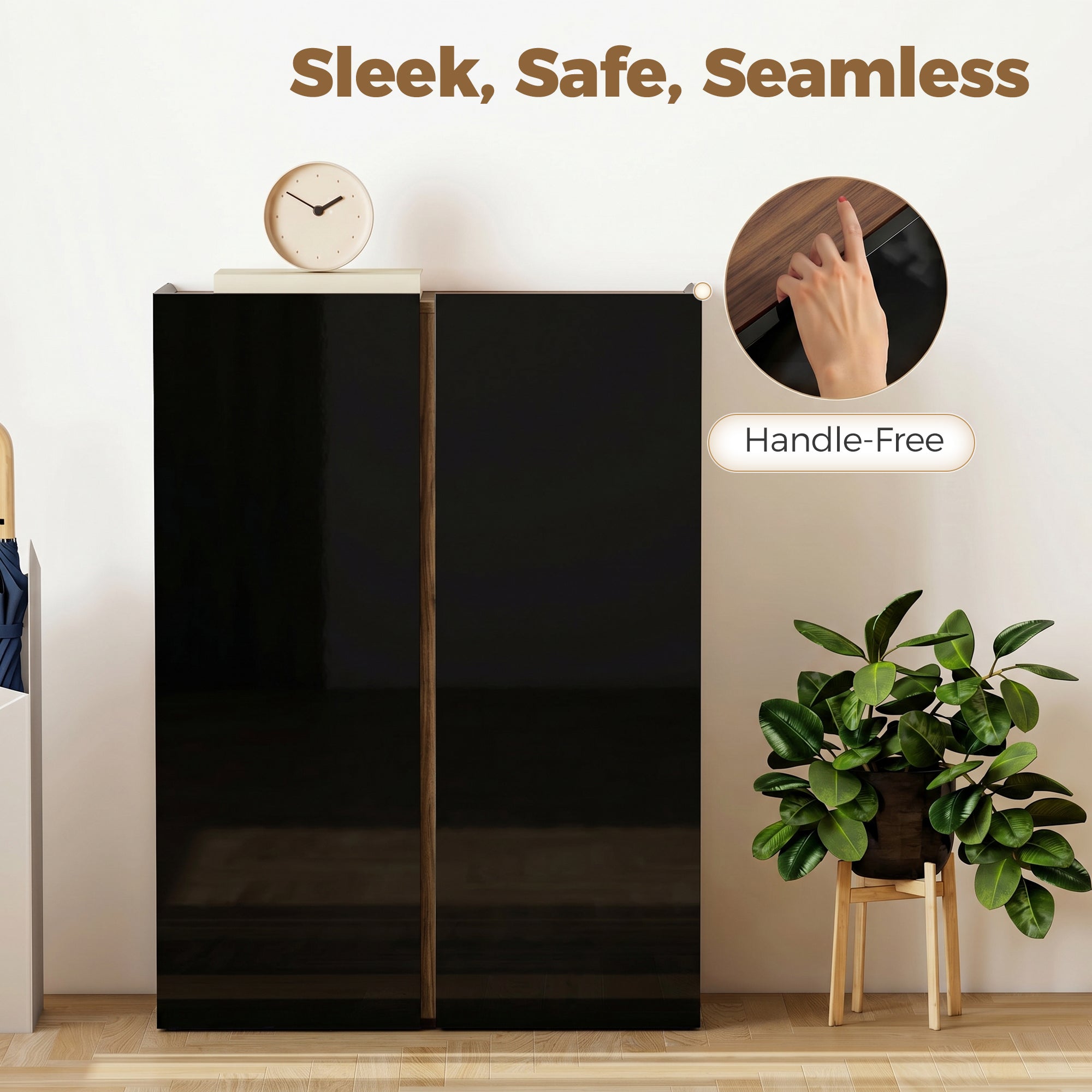Shoe Cabinet with Soft-Close Safety Doors, 6-Tier Storage for up to 18 Pairs, Handleless Design, High-Gloss Black