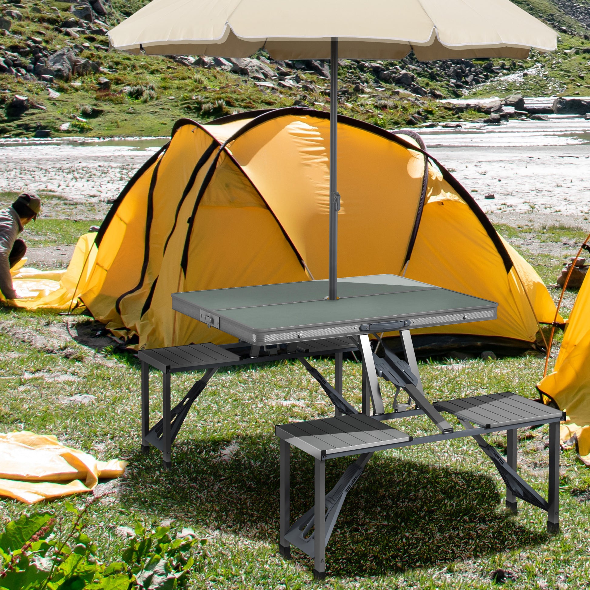 Camping Table Folding Table with 4 Chairs Foldable Garden Table Made of Aluminum Lightweight Multi-functional Table 4 Persons Side Table for Garden Patio Balcony 85.5 x 135cm Grey