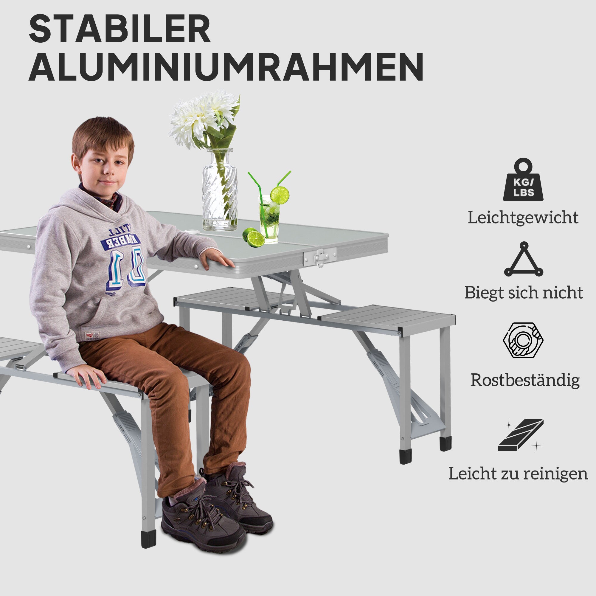 Camping Table Folding Table with 4 Chairs Foldable Garden Table Made of Aluminum Lightweight Multi-functional Table 4 Persons Side Table for Garden Patio Balcony 85.5 x 135cm Grey