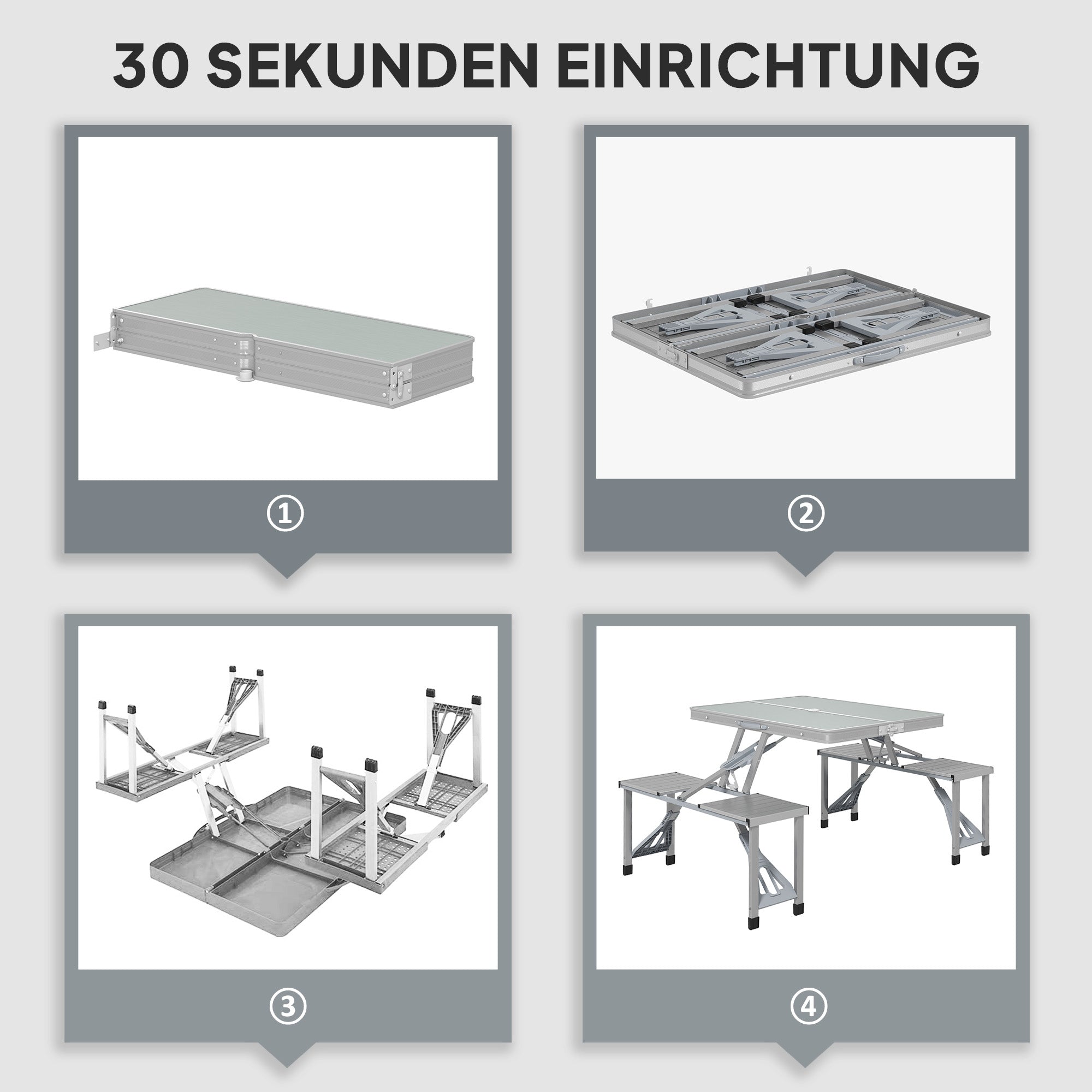 Camping Table Folding Table with 4 Chairs Foldable Garden Table Made of Aluminum Lightweight Multi-functional Table 4 Persons Side Table for Garden Patio Balcony 85.5 x 135cm Grey