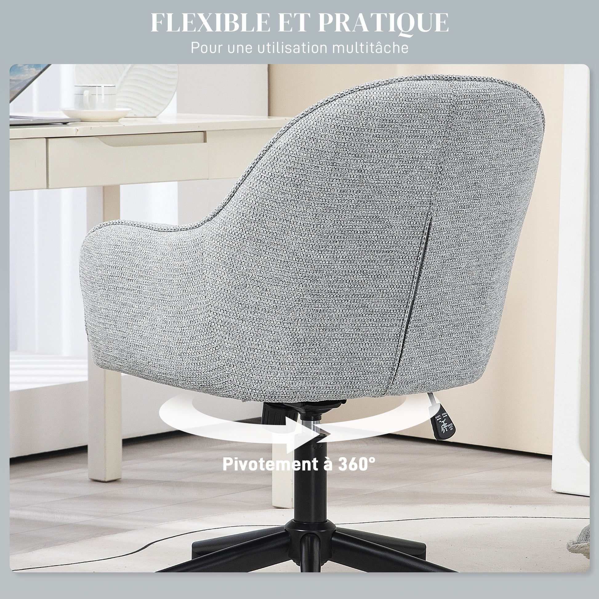 Office Chair Contemporary Design Padded Backrest Seat Height Adjustable 360° Swivel Black Base Grey Fabric Upholstery