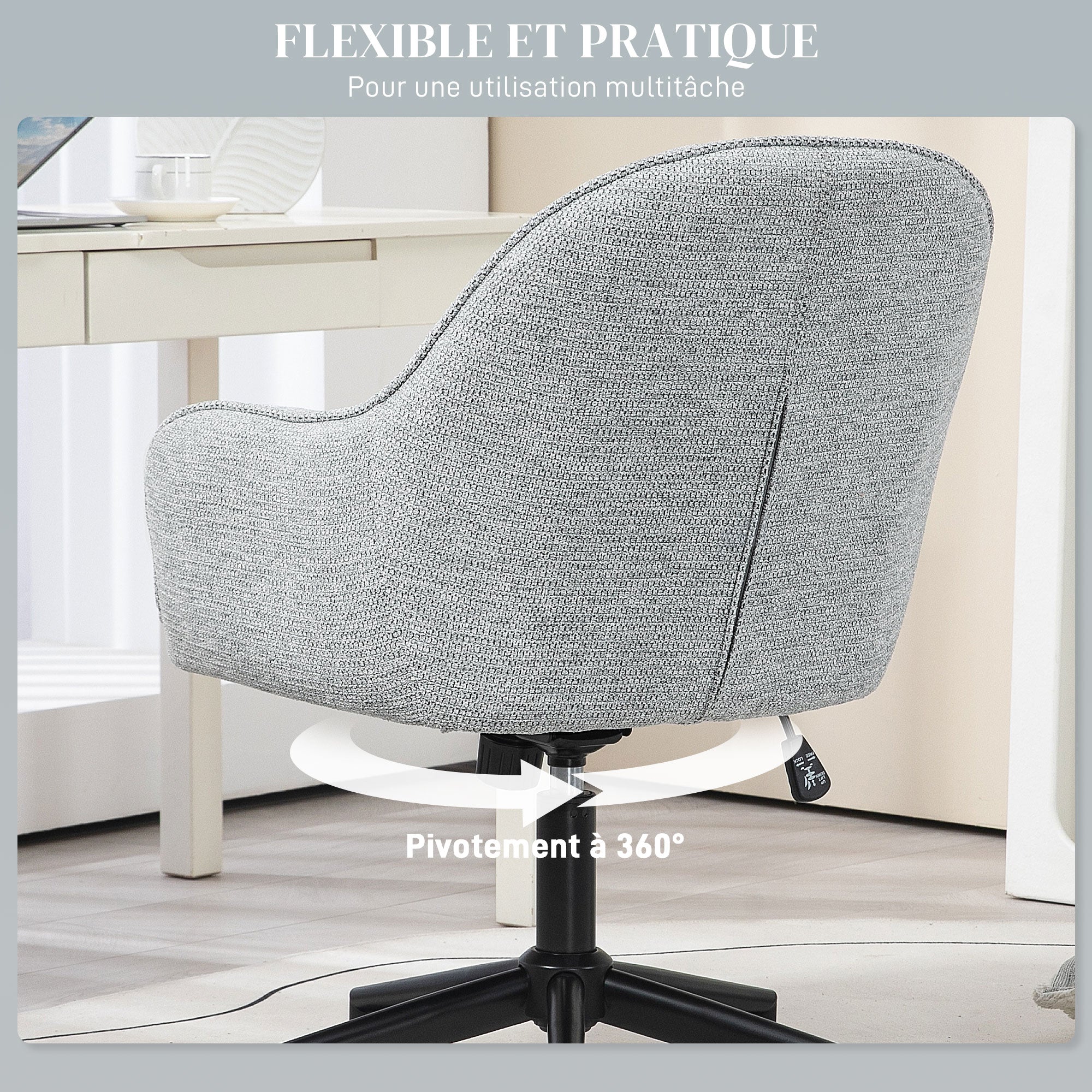 Office Chair Contemporary Design Padded Backrest Seat Height Adjustable 360° Swivel Black Base Grey Fabric Upholstery