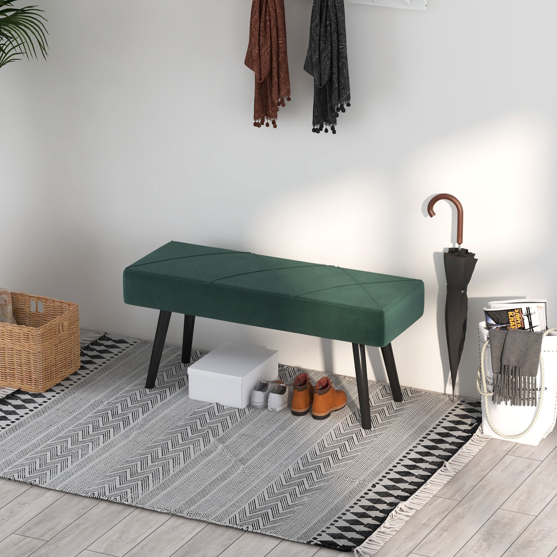 Upholstered Bench in Velvet Look, Bed Bench with X-Pattern, Steel Legs, Shoe Bench for Bedroom, Living Room, Hallway, 100 x 36 x 45 cm, Green