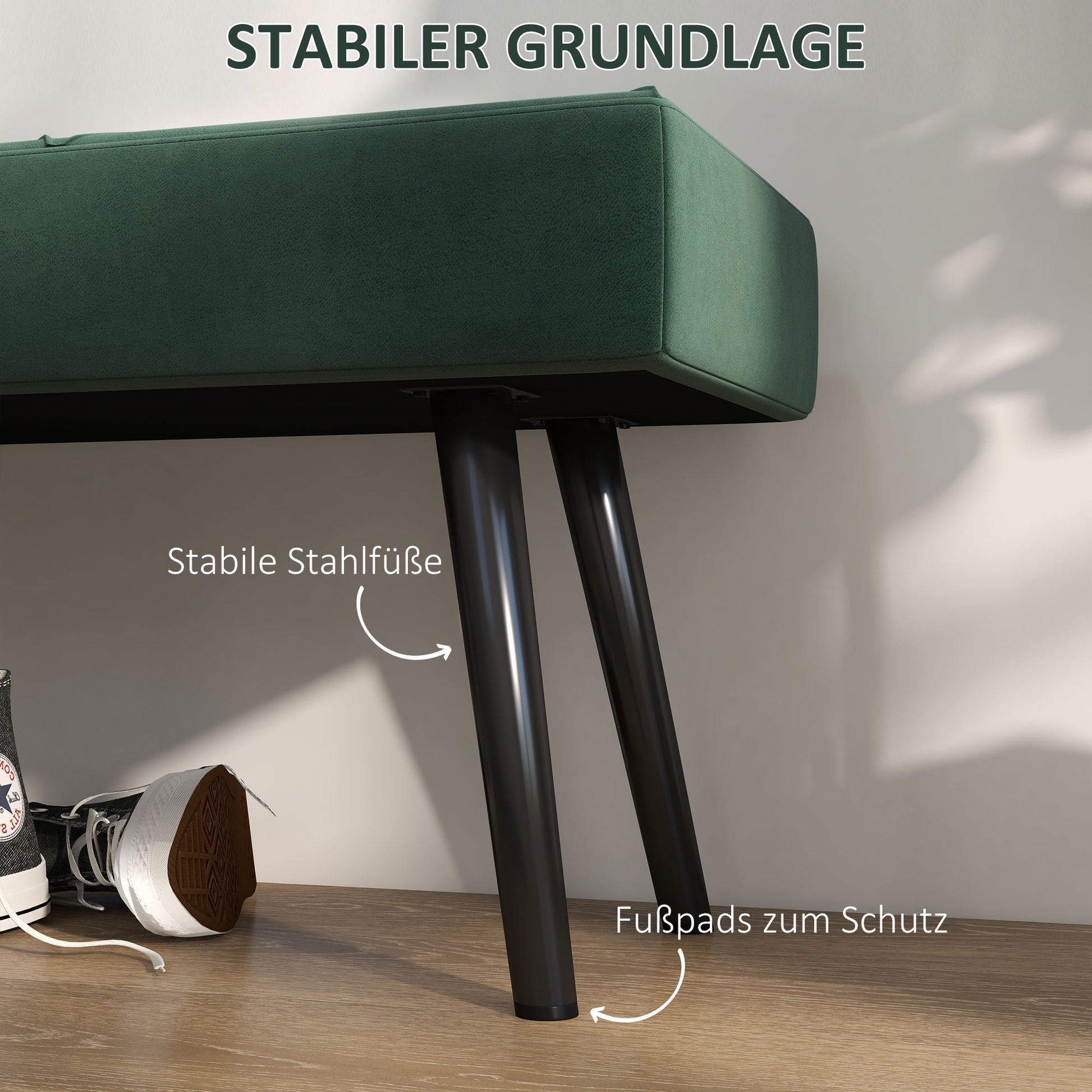 Upholstered Bench in Velvet Look, Bed Bench with X-Pattern, Steel Legs, Shoe Bench for Bedroom, Living Room, Hallway, 100 x 36 x 45 cm, Green