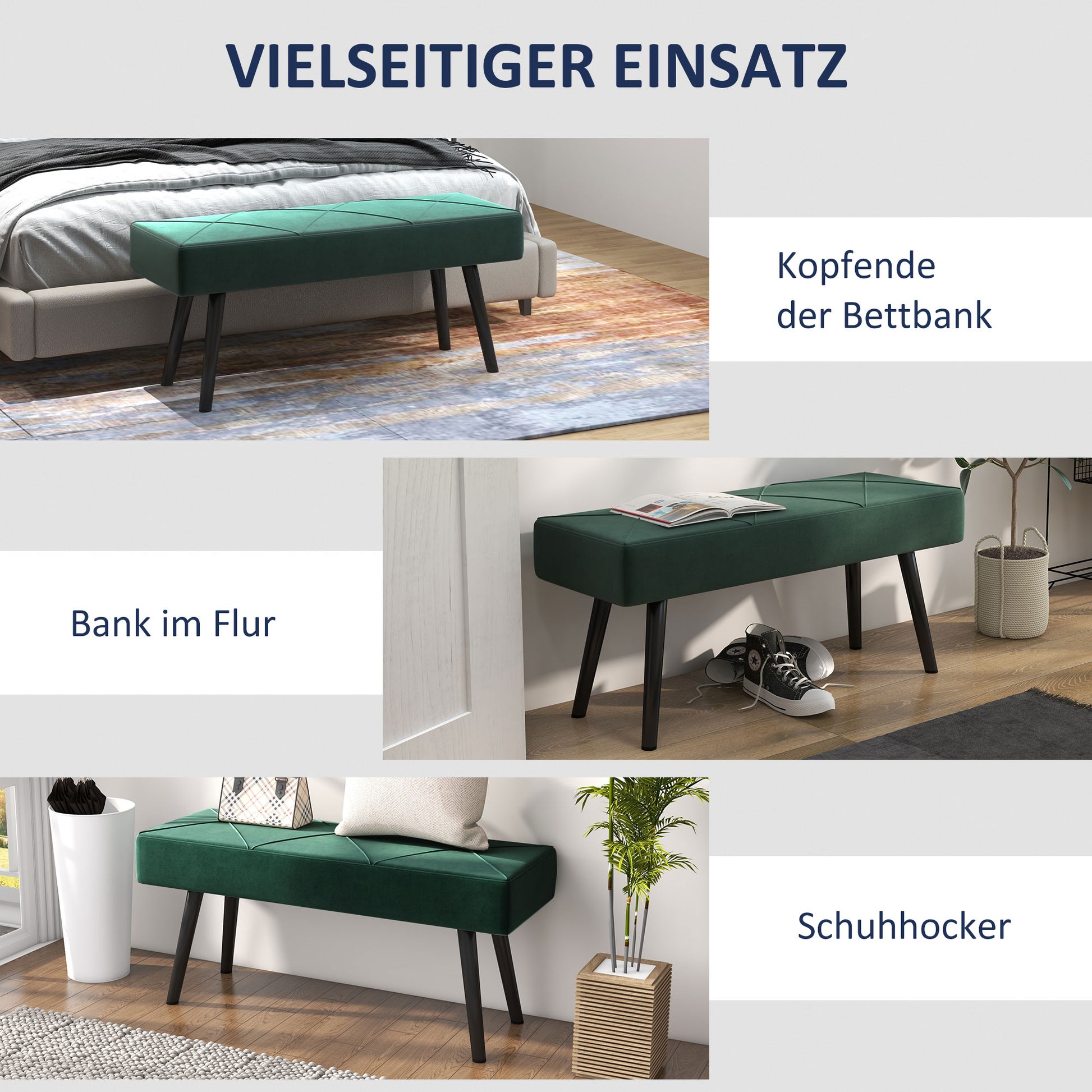 Upholstered Bench in Velvet Look, Bed Bench with X-Pattern, Steel Legs, Shoe Bench for Bedroom, Living Room, Hallway, 100 x 36 x 45 cm, Green