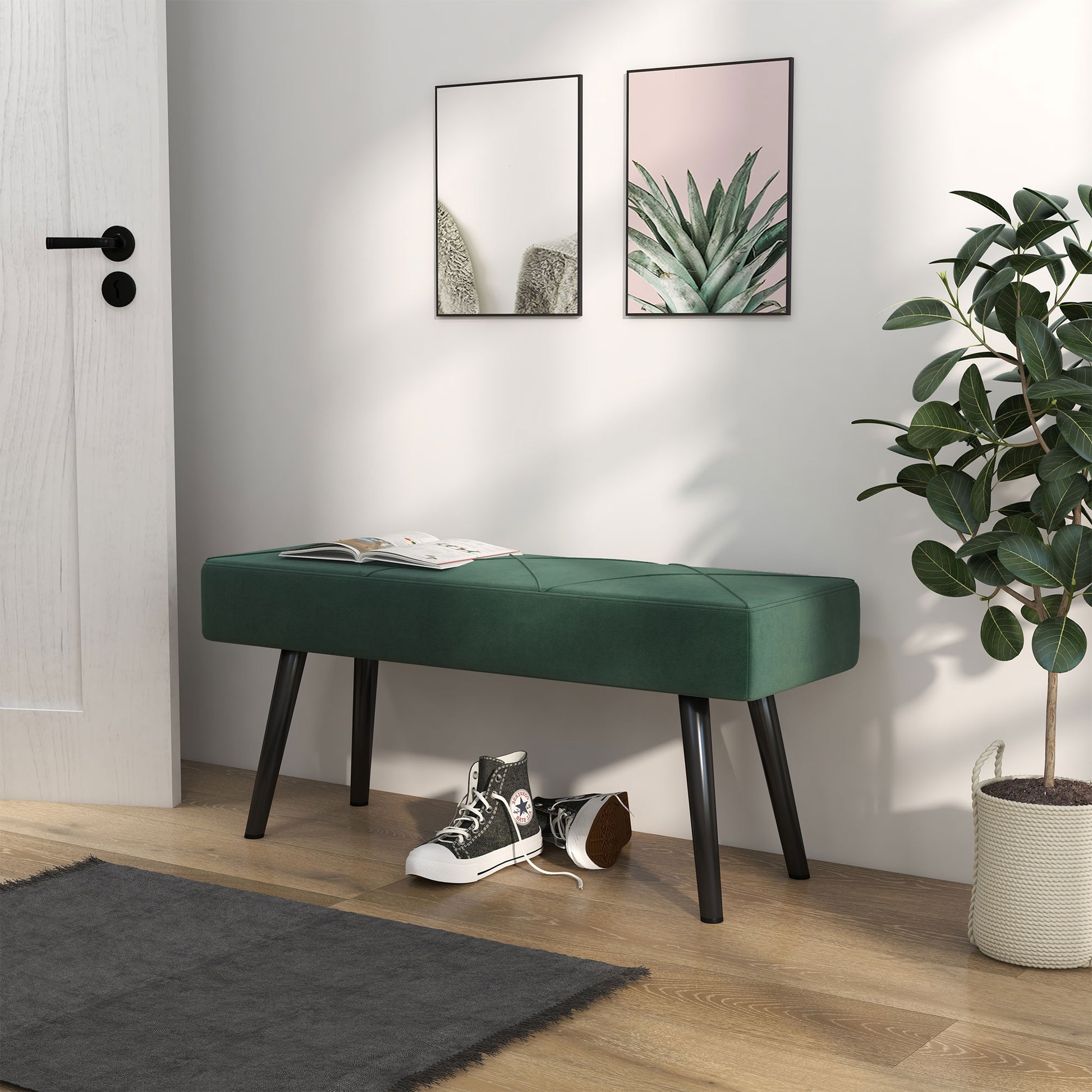 Upholstered Bench in Velvet Look, Bed Bench with X-Pattern, Steel Legs, Shoe Bench for Bedroom, Living Room, Hallway, 100 x 36 x 45 cm, Green