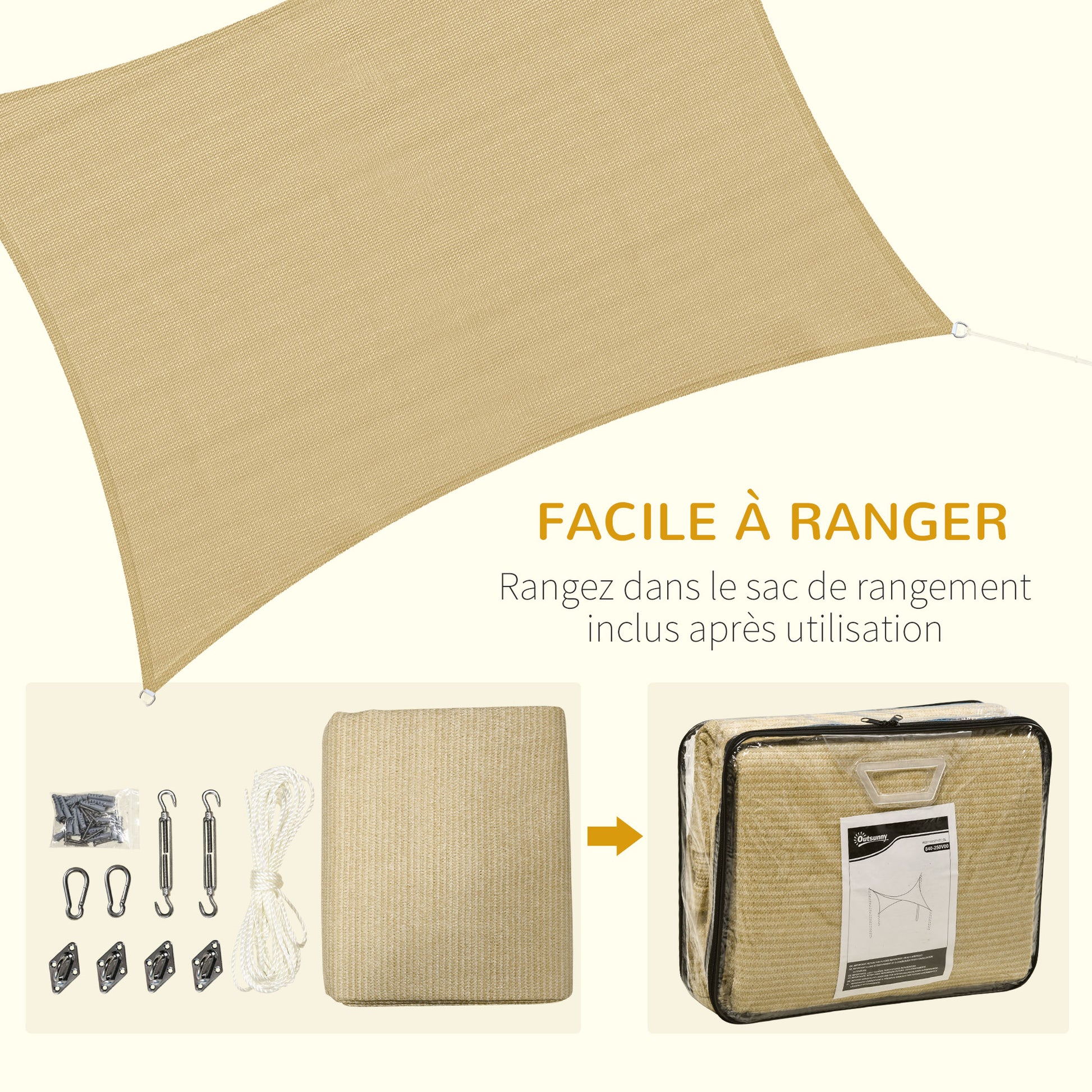 Rectangular Sun Shade Sail 4 x 3 m High-Density Polyethylene UV Protection With Storage Bag - Beige Color