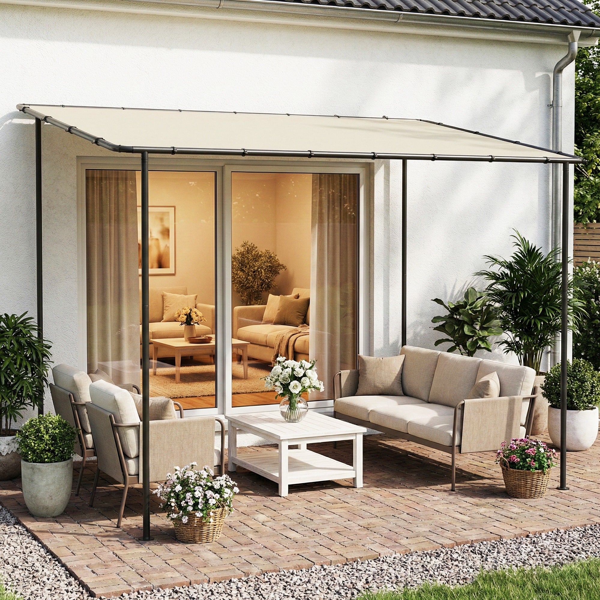 3 x 2 m Wall-Mounted Garden Pergola — Metal Frame, Water-Resistant Canopy, Cream