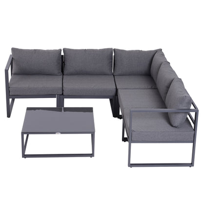 6-Piece Garden Furniture Set Patio Sofa Set Outdoor Furniture Aluminum + Polyester + Tempered Glass Gray 4 x Chair 1 x Corner Sofa 1 x Coffee Table Cushions for 4-5 People
