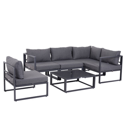 6-Piece Garden Furniture Set Patio Sofa Set Outdoor Furniture Aluminum + Polyester + Tempered Glass Gray 4 x Chair 1 x Corner Sofa 1 x Coffee Table Cushions for 4-5 People