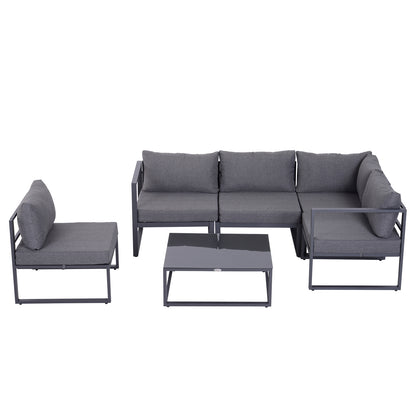 6-Piece Garden Furniture Set Patio Sofa Set Outdoor Furniture Aluminum + Polyester + Tempered Glass Gray 4 x Chair 1 x Corner Sofa 1 x Coffee Table Cushions for 4-5 People