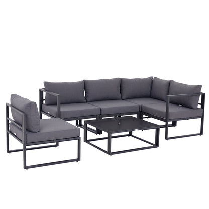 6-Piece Garden Furniture Set Patio Sofa Set Outdoor Furniture Aluminum + Polyester + Tempered Glass Gray 4 x Chair 1 x Corner Sofa 1 x Coffee Table Cushions for 4-5 People