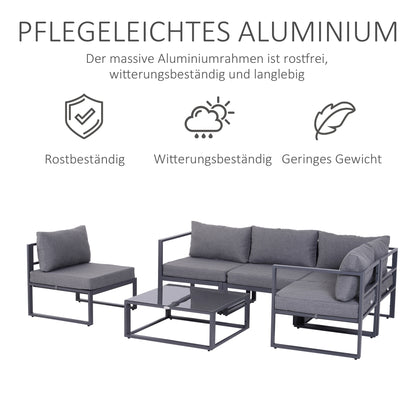 6-Piece Garden Furniture Set Patio Sofa Set Outdoor Furniture Aluminum + Polyester + Tempered Glass Gray 4 x Chair 1 x Corner Sofa 1 x Coffee Table Cushions for 4-5 People