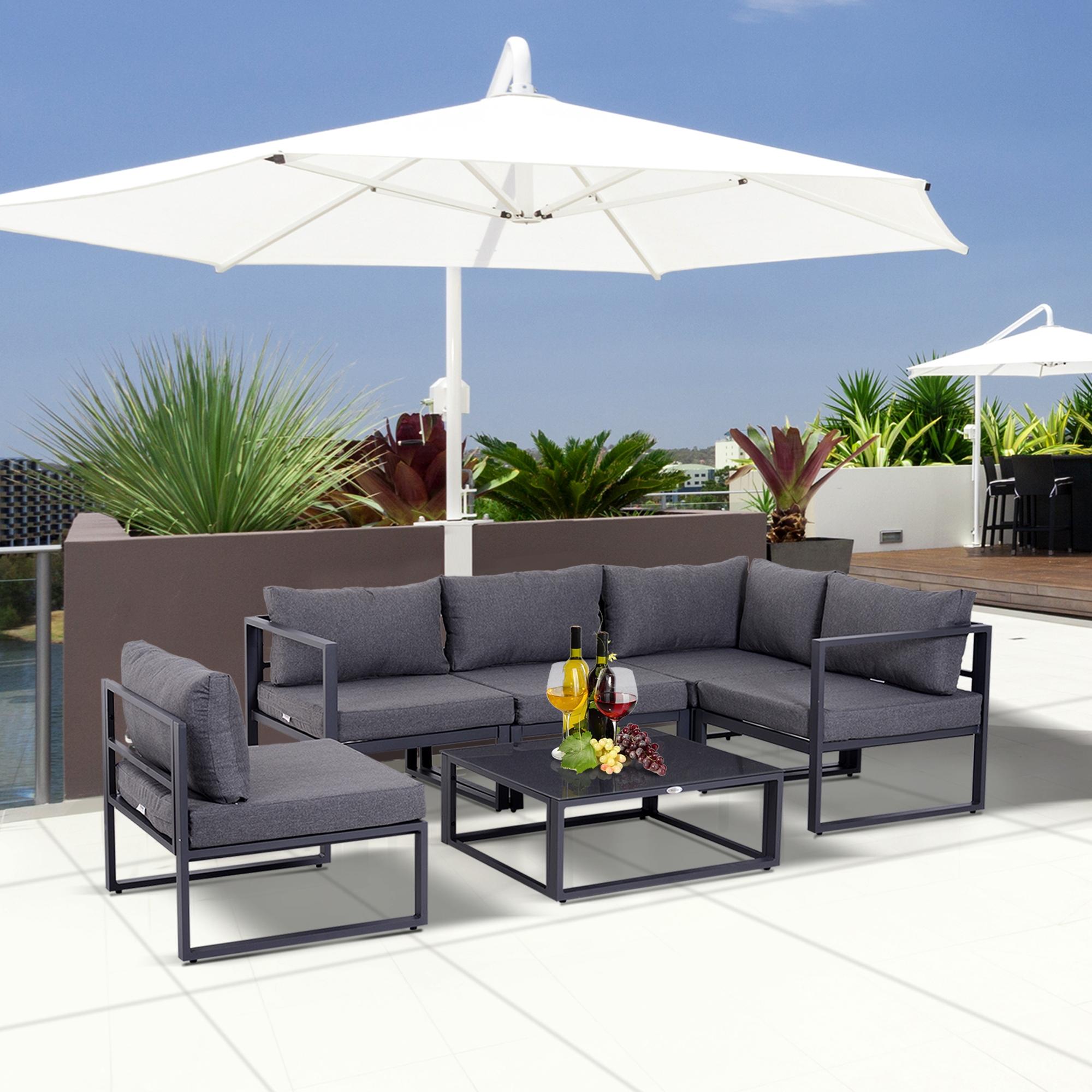 6-Piece Garden Furniture Set Patio Sofa Set Outdoor Furniture Aluminum + Polyester + Tempered Glass Gray 4 x Chair 1 x Corner Sofa 1 x Coffee Table Cushions for 4-5 People