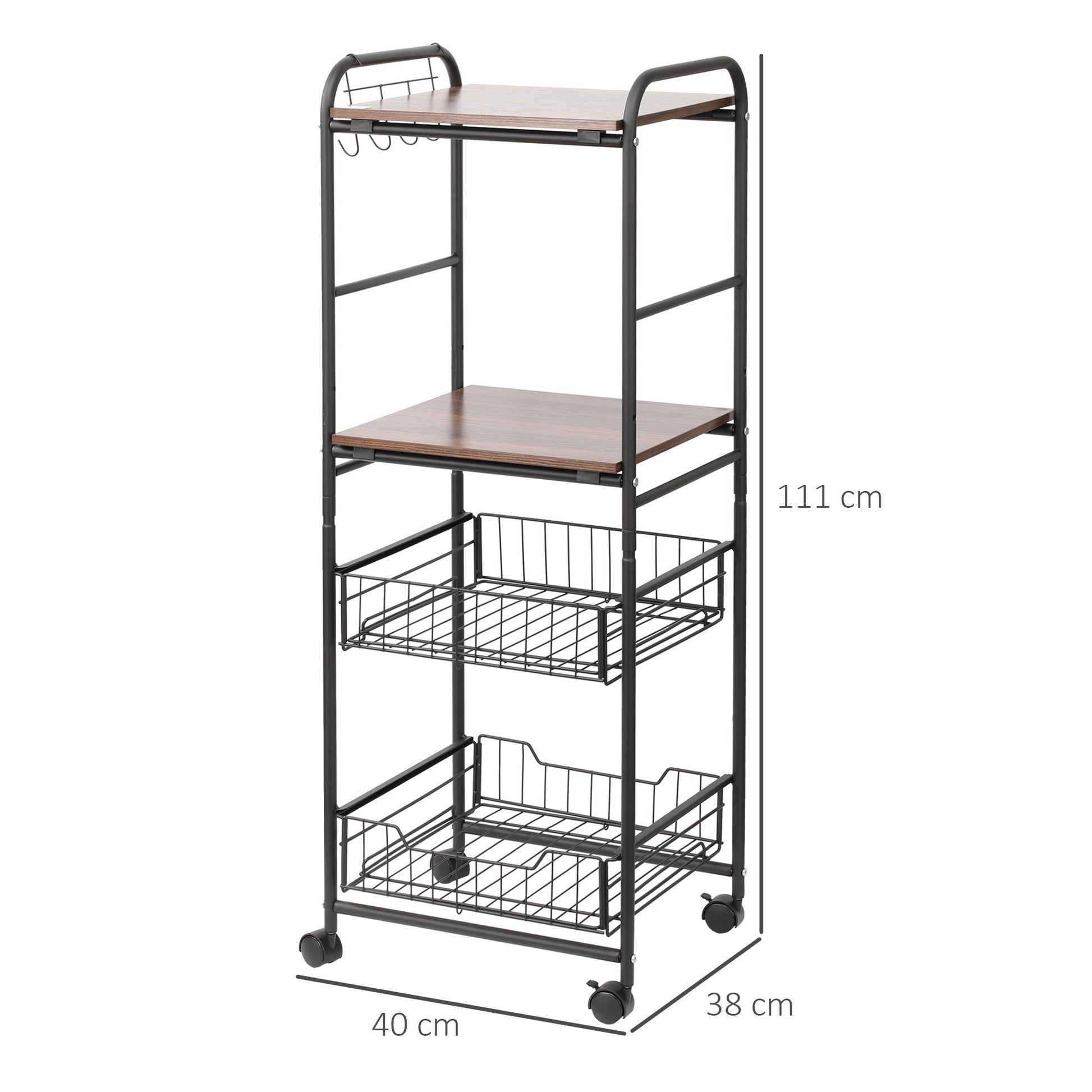 Kitchen Cart Utility Cart with Wheels with 2 Shelves 2 Removable Baskets and 4 Hooks for Dining Room Bathroom 40x38x111 cm Walnut and Black