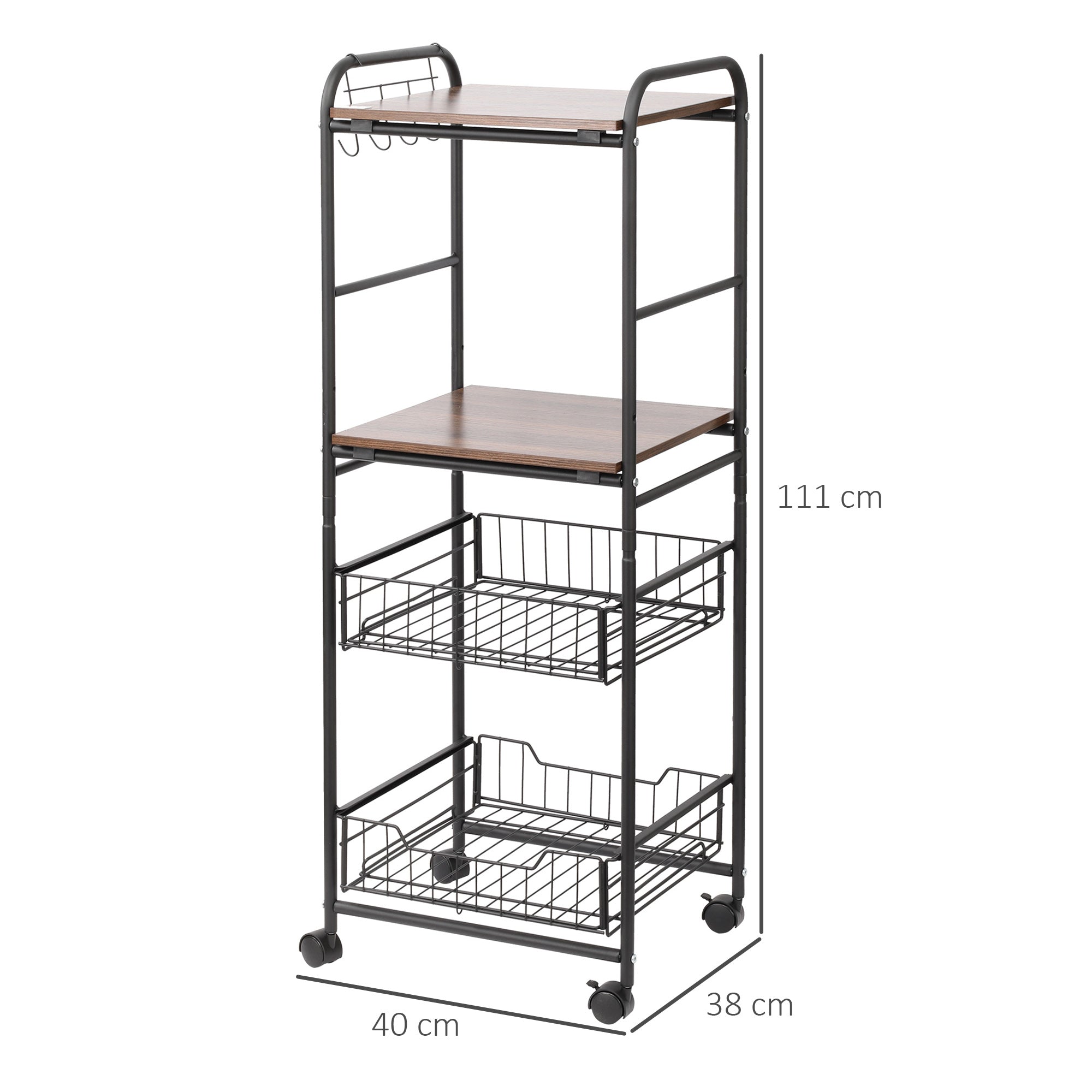Kitchen Cart Utility Cart with Wheels with 2 Shelves 2 Removable Baskets and 4 Hooks for Dining Room Bathroom 40x38x111 cm Walnut and Black