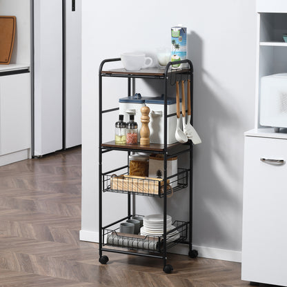 Kitchen Cart Utility Cart with Wheels with 2 Shelves 2 Removable Baskets and 4 Hooks for Dining Room Bathroom 40x38x111 cm Walnut and Black