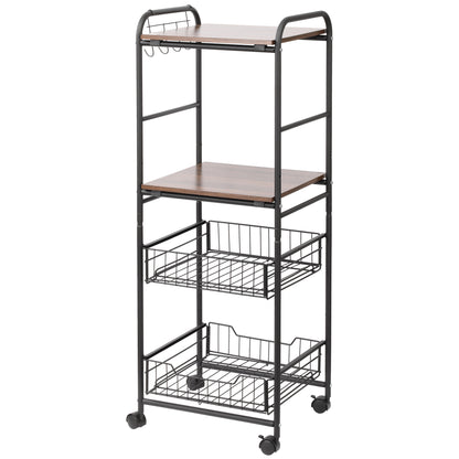 Kitchen Cart Utility Cart with Wheels with 2 Shelves 2 Removable Baskets and 4 Hooks for Dining Room Bathroom 40x38x111 cm Walnut and Black