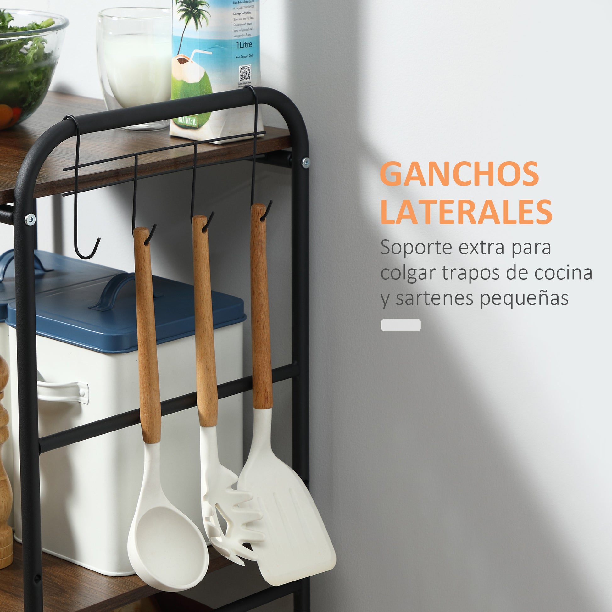 Kitchen Cart Utility Cart with Wheels with 2 Shelves 2 Removable Baskets and 4 Hooks for Dining Room Bathroom 40x38x111 cm Walnut and Black