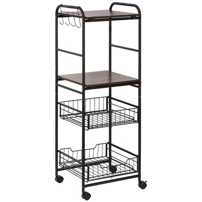 Kitchen Cart Utility Cart with Wheels with 2 Shelves 2 Removable Baskets and 4 Hooks for Dining Room Bathroom 40x38x111 cm Walnut and Black