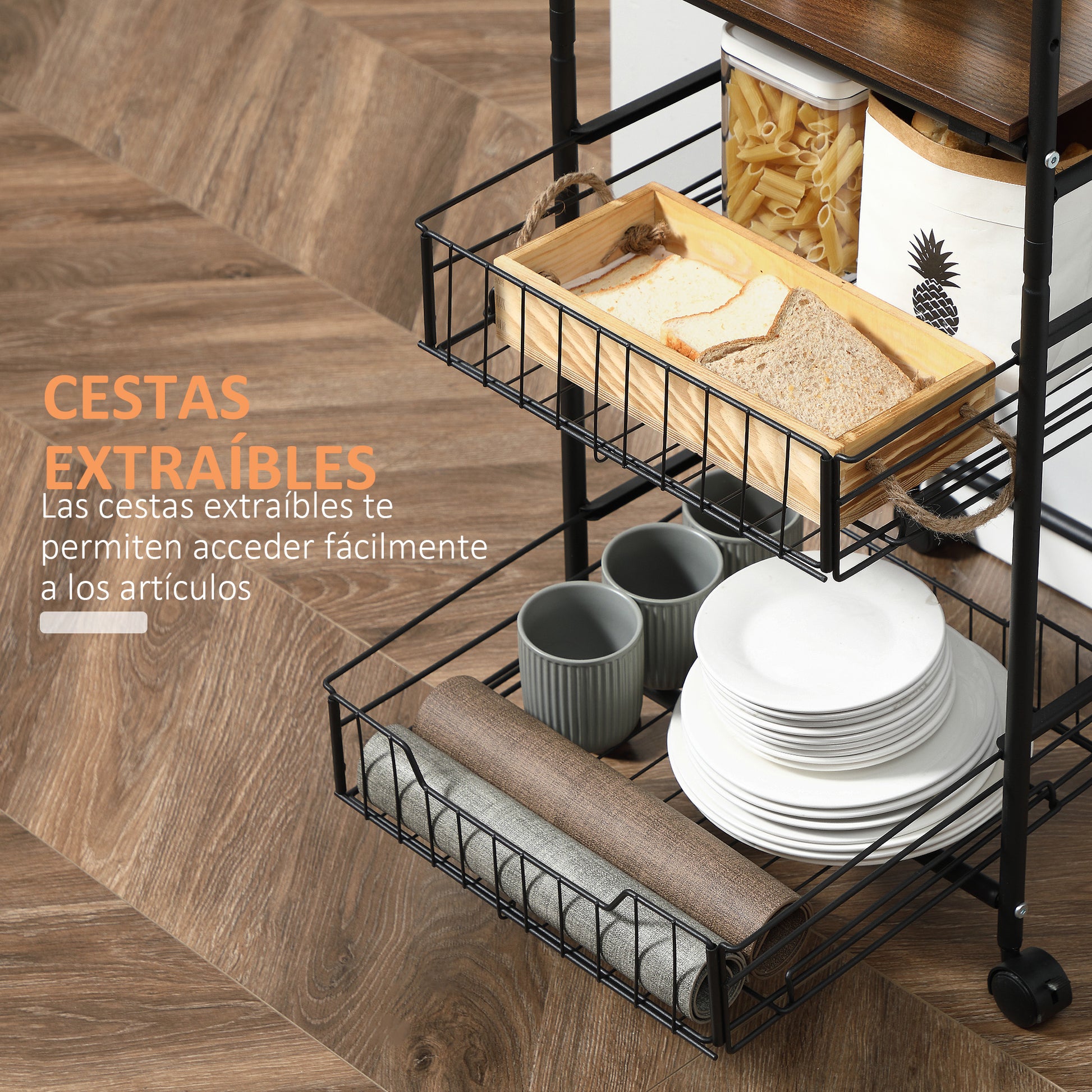Kitchen Cart Utility Cart with Wheels with 2 Shelves 2 Removable Baskets and 4 Hooks for Dining Room Bathroom 40x38x111 cm Walnut and Black