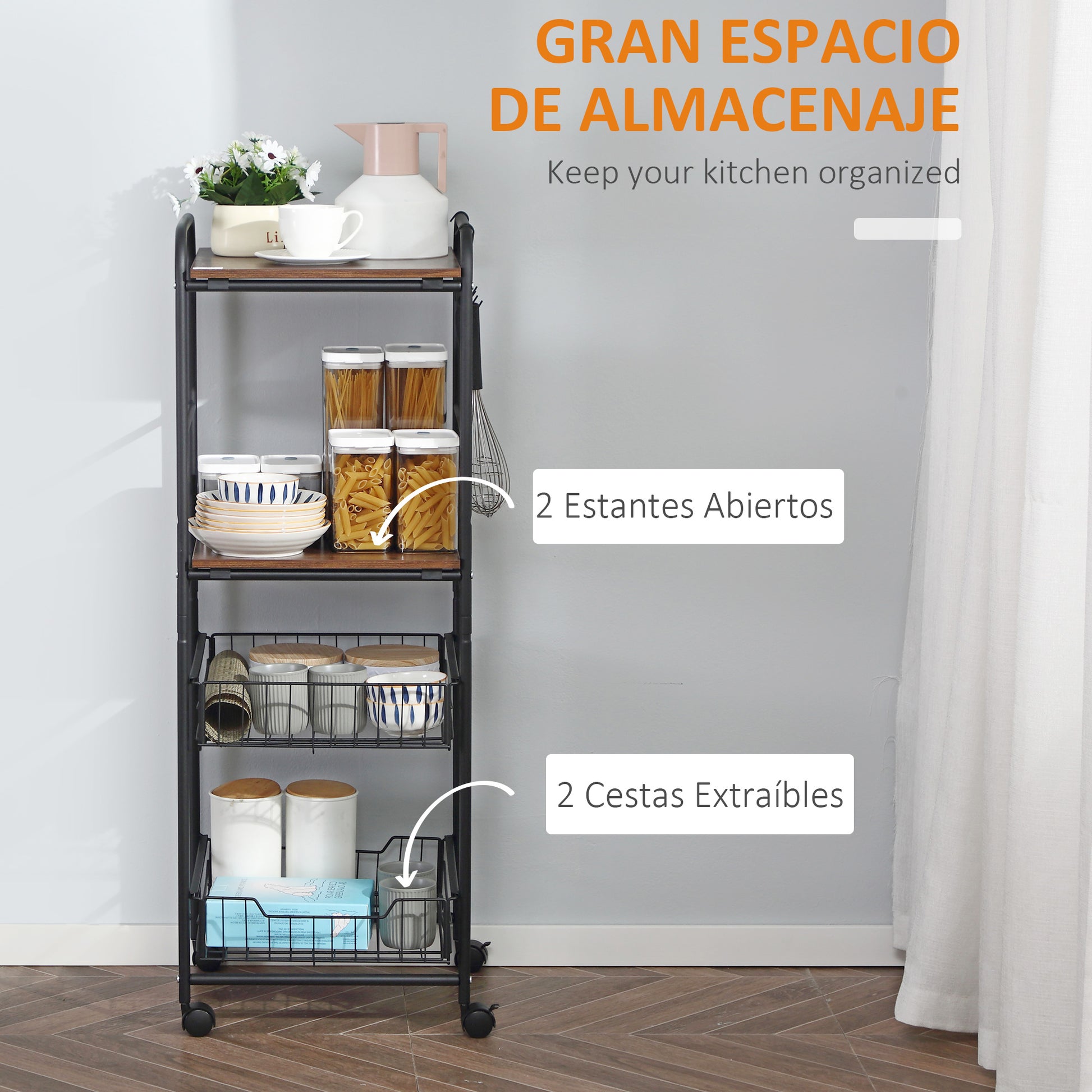 Kitchen Cart Utility Cart with Wheels with 2 Shelves 2 Removable Baskets and 4 Hooks for Dining Room Bathroom 40x38x111 cm Walnut and Black