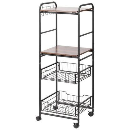 Kitchen Cart Utility Cart with Wheels with 2 Shelves 2 Removable Baskets and 4 Hooks for Dining Room Bathroom 40x38x111 cm Walnut and Black