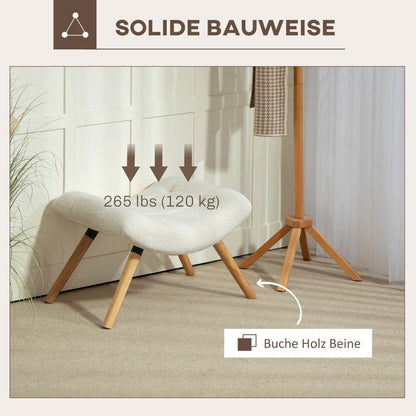 Footstool, Ottoman with Berber Fleece Fabric, Upholstered Stool up to 120 kg Capacity, for Living Room, Bedroom, 67 x 45 x 38 cm, Cream White