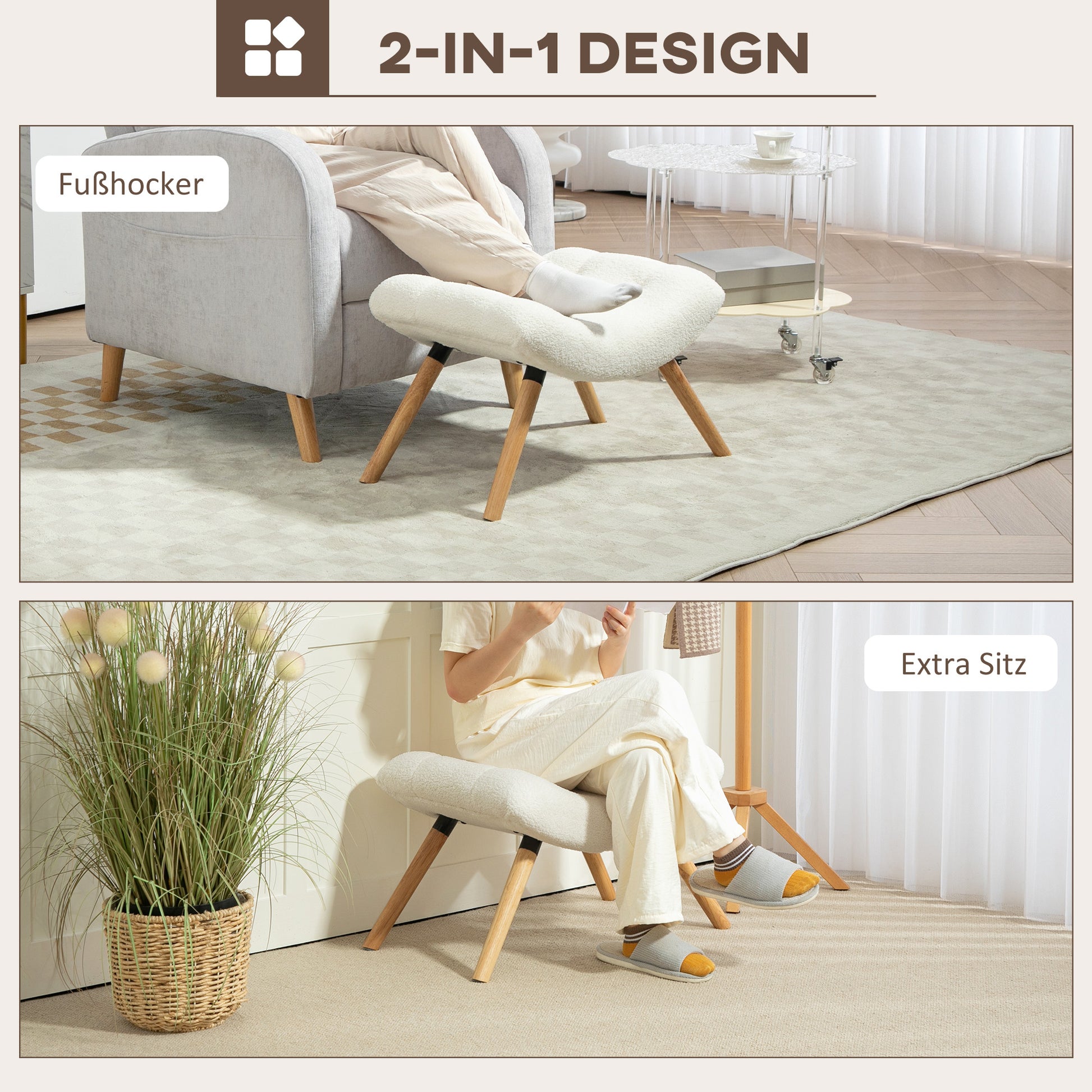 Footstool, Ottoman with Berber Fleece Fabric, Upholstered Stool up to 120 kg Capacity, for Living Room, Bedroom, 67 x 45 x 38 cm, Cream White
