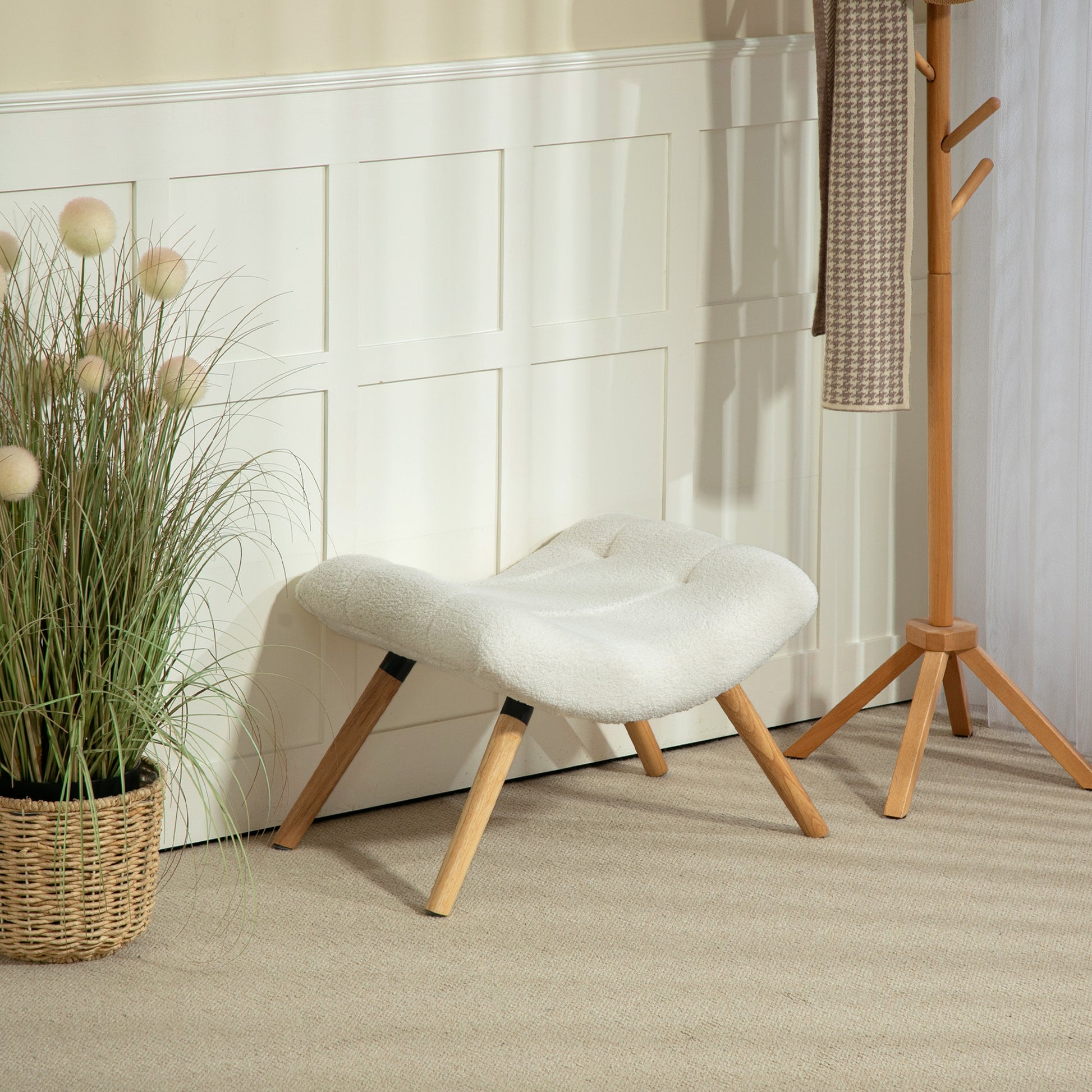Footstool, Ottoman with Berber Fleece Fabric, Upholstered Stool up to 120 kg Capacity, for Living Room, Bedroom, 67 x 45 x 38 cm, Cream White
