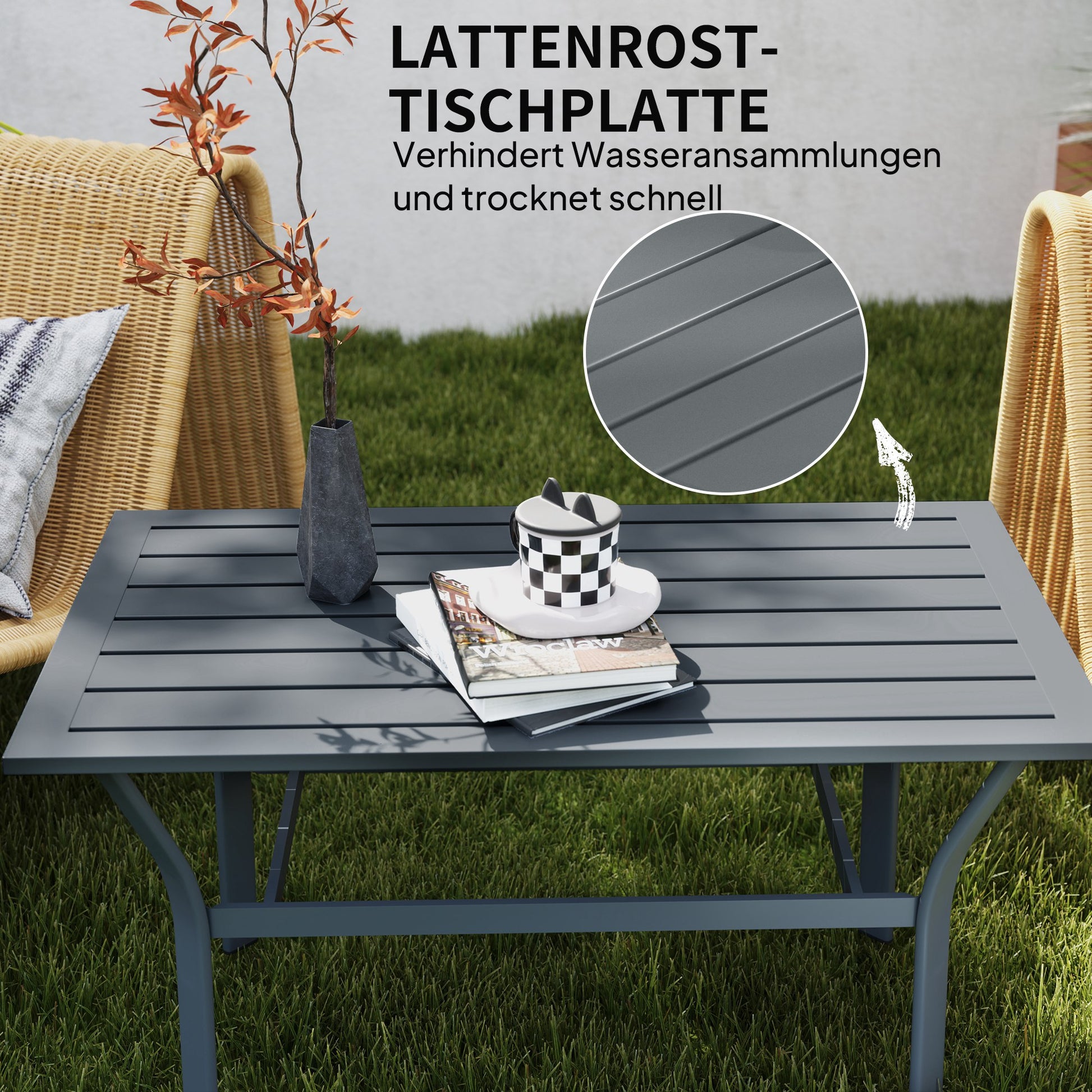 Side Table Metal Balcony Table with Slatted Design Weatherproof Coffee Table Garden Table Easy-Care Coffee Table Outdoor Table for Balcony Garden Terrace Porch 91.5 x 55 x 45 cm Dark Grey