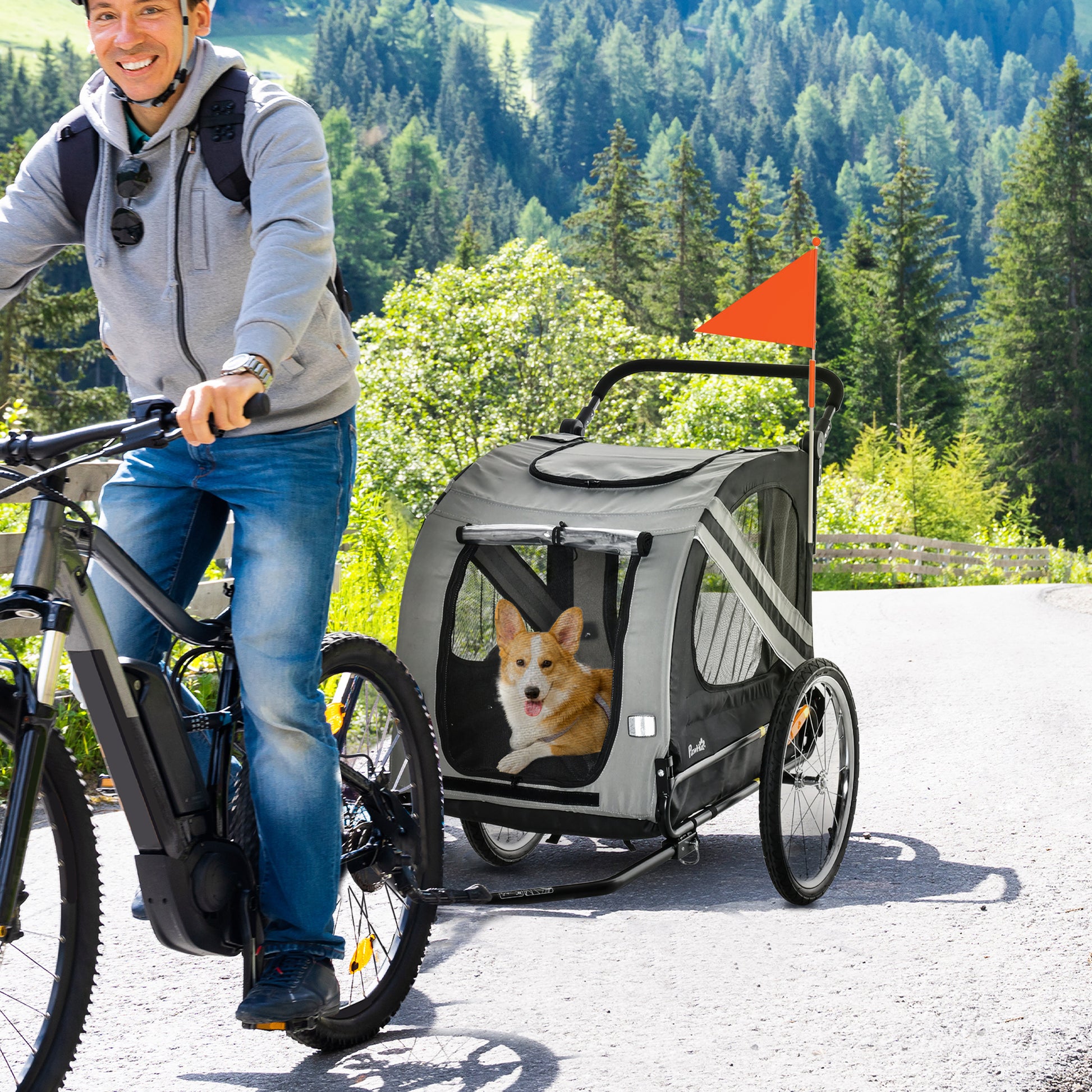 2-in-1 Dog Trailer & Dog Buggy, Dog Bike Trailer, Dog Cart with Reflectors for Medium Dogs up to 20 kg, Oxford Fabric, Gray